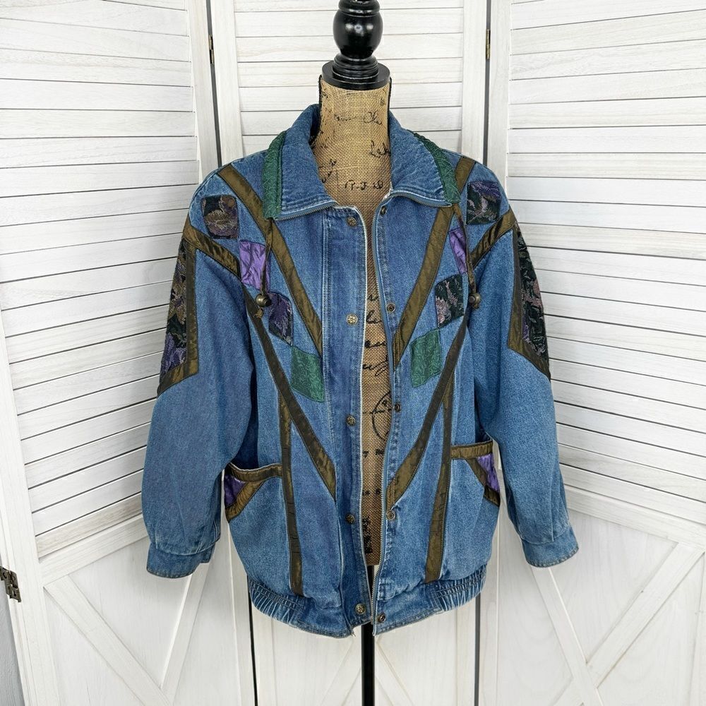 Current Seen Vintage 80s Patchwork Denim Coat‎ Blue Medium Full Zip